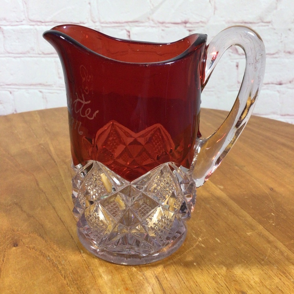Antique 1916 Ruby Red Flash Glass Creamer Pitcher
